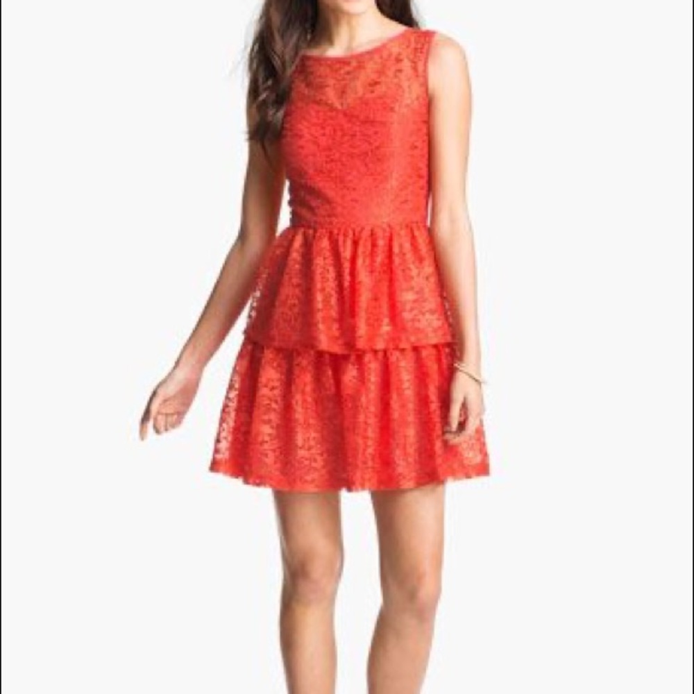 Max and Cleo Tiered Lace Fit & Flare Coral Party Dress Size l 4